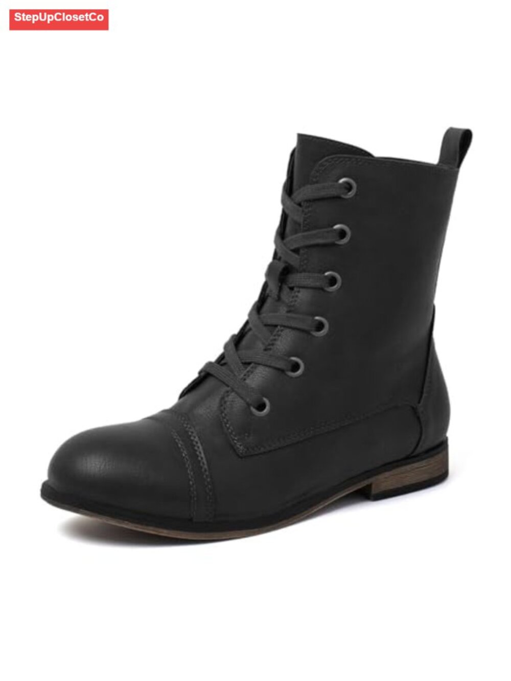 Combat Boots Lace Up Ankle Boots with Side Zipper Non-Slip TPR Sole Round Toe